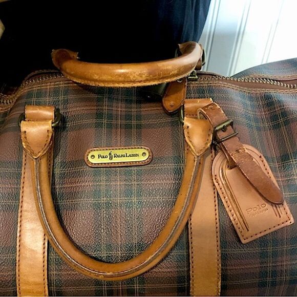 W RALPH LAUREN Brown Green Tartan Plaid Boston Weekend Travel Duffle Bag Speedy - Picture 6 of 15